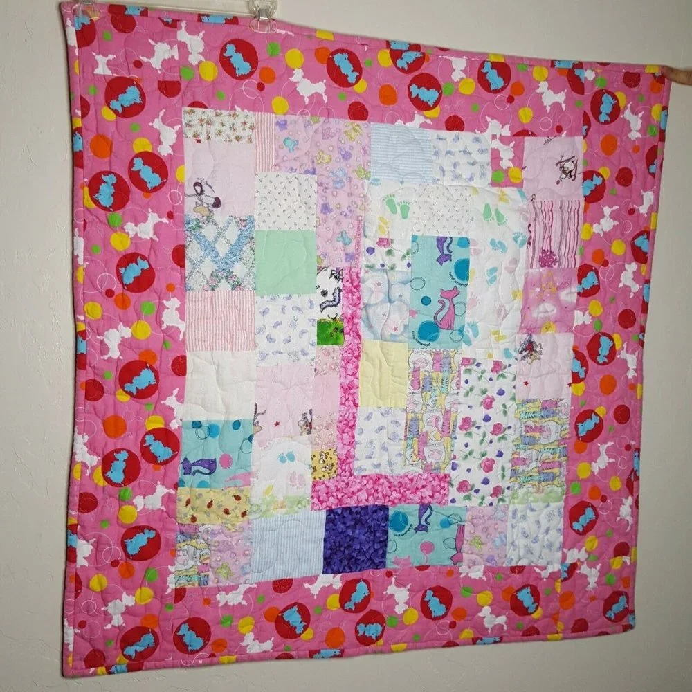 Pink White Quilted Poodle Dogs Baby Girls Blanket Security Lovey 40 x 40